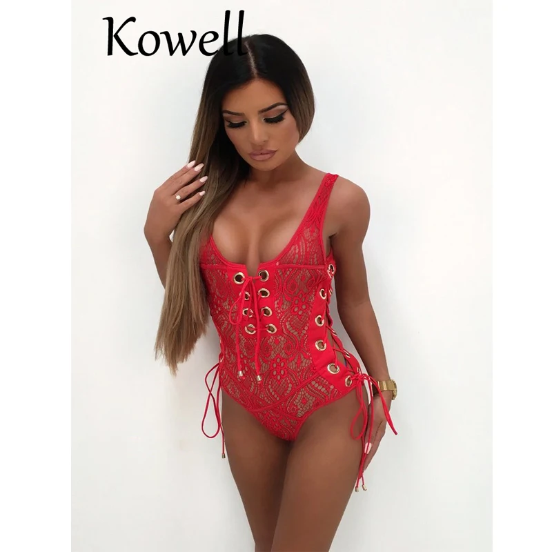 Kowell 2018 Mới Thời Trang Sexy Nữ Spandex Ren Chất Liệu Slim Bodysuits Không Tay Bandage Bodycon Bodysuits