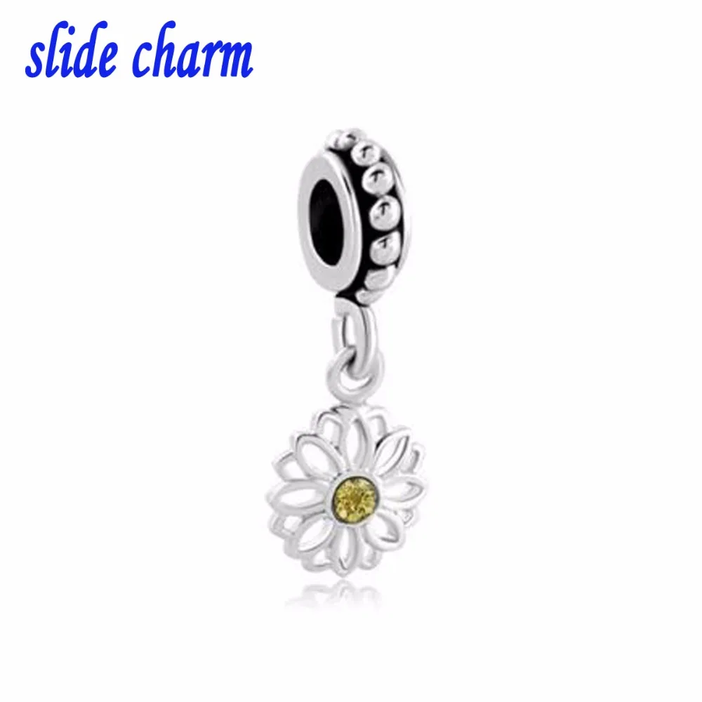 Slide Charm Free Shipping  Luxury Brand Mother Pale Yellow Crystal Daisy Drape Beads Fit Pandora Charm Bracelet Christmas