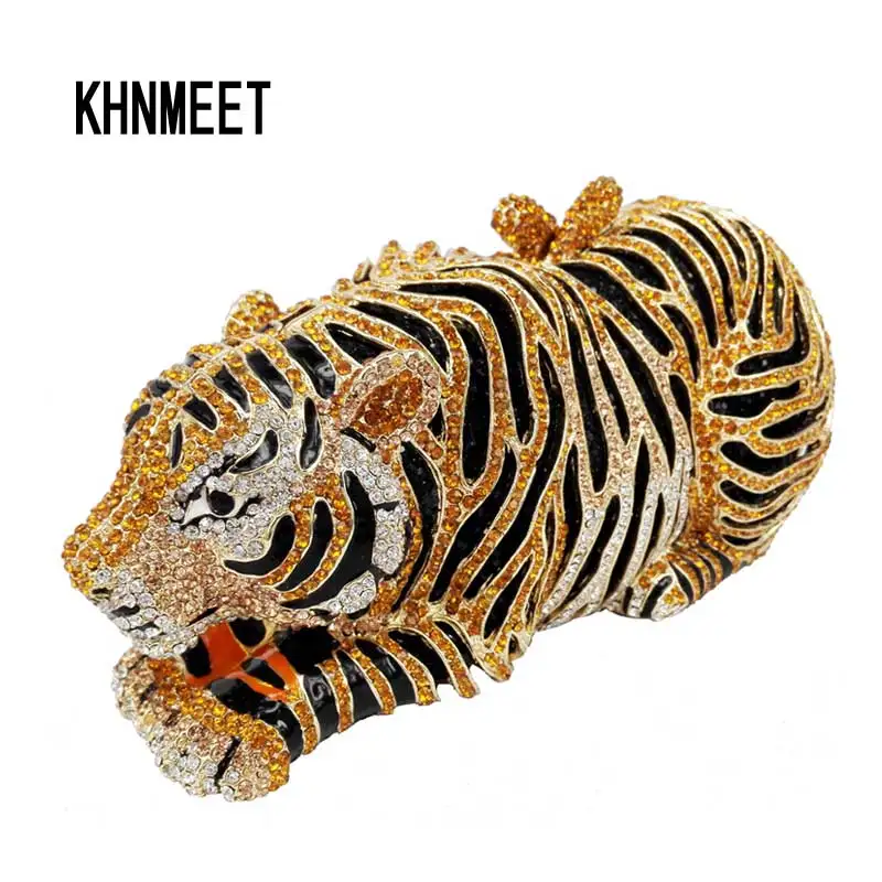 

KHNMEET Animal Tiger Luxury Crystal Evening Bag Leopard Cocktail Party Purse Handbags Free Shipping Women Clutch bag Purse SC030