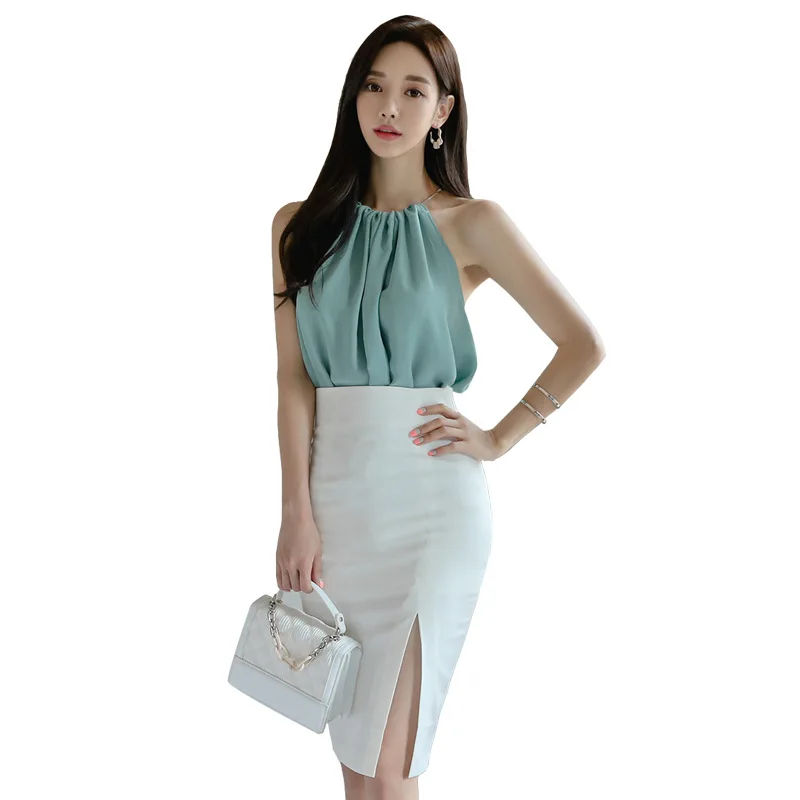 

Plus Size Sleeveless Blouse and Corset Bodycon Wrap White Skirt Modis Casual Women Two Piece Set Elegant Summer 2 Piece Set