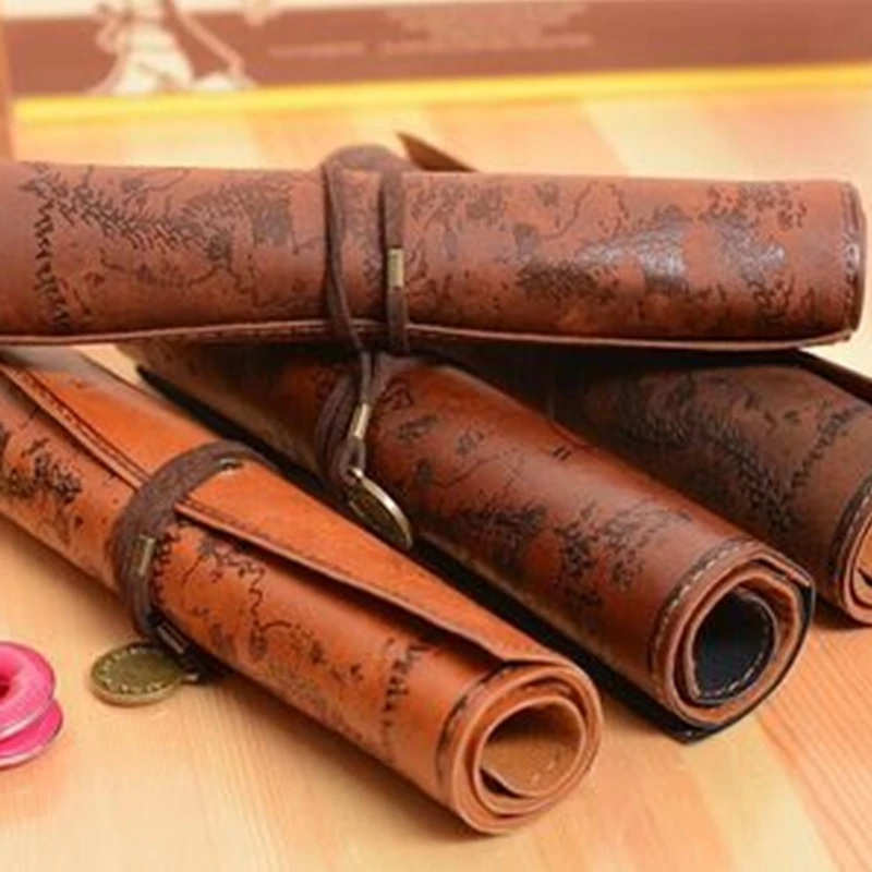 Fashion Vintage PU Leather Pirate Treasure Map Roll Up Pencil Cases Stationery Pen Pouch Woman Cosmetics Storage Bag Pencilcase