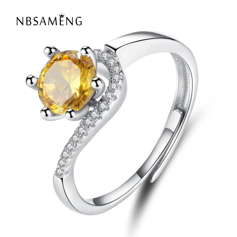 Authentic S925 Sterling Silver Finger Yellow Cubic Zirconia Clear Crystal Adjustable Ring Luxurious Women Party Engagement Rings