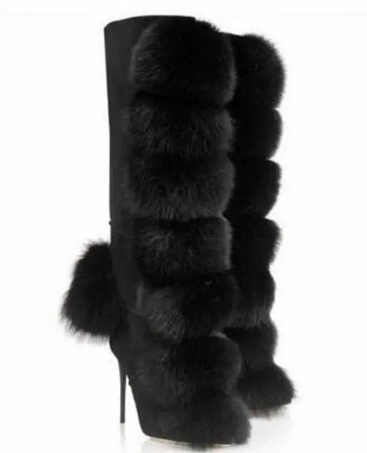 

High quality mink hair decoration knee high boots stiletto heel size zip fur ball autumn winter snow boots sexy women boots