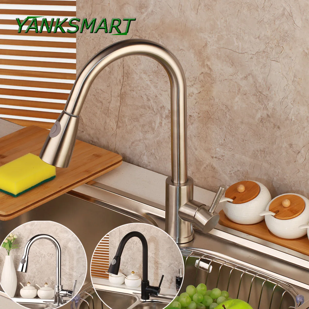 

YANKSMART Brushed Nickel Kitchen Sink Mixer Taps Single Lever Pull Out Kitchen Faucet Dual Sprayer Functions Shower Head