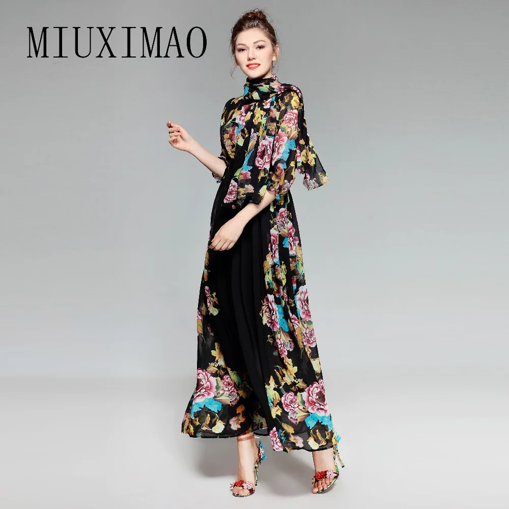 MIUXIMAO 2023 Spring New Arrival Vintage Bow Three Quarter Sleeve Elegant Print A-Line Ankle-Length Long Dress Women Vestides