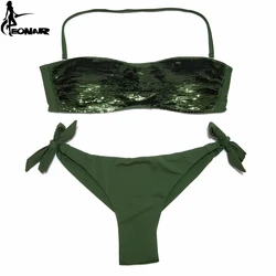 EONAR-Sewn Sequin Swimwear for Women, Brazilian Cut Bottom Bikini Set, Low Waist Swimsuit, Bathing Suits, Summer Beach Wear