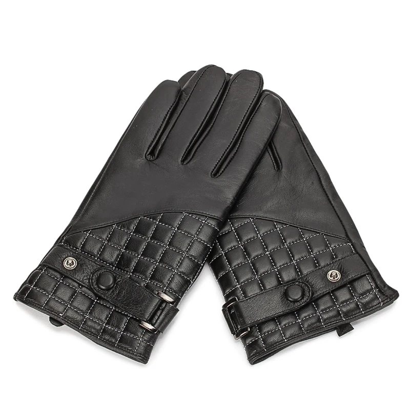 HOT Genuine Leather Men Gloves Autumn Winter Plush Lined Classic Black Sheepskin Glove Wrist Belt Buttons TB01