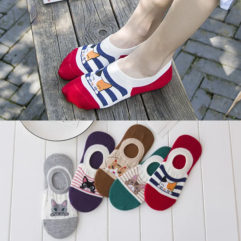 CAT Comfortable Summer Boat Socks Woman Cotton Cartoon Socks Invisible girl boy slipper casual hosiery 1pcs=2pcs WS107