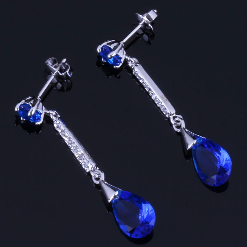 Valuable Water Drop Blue Cubic Zirconia White CZ Silver Plated Drop Dangle Earrings V1029