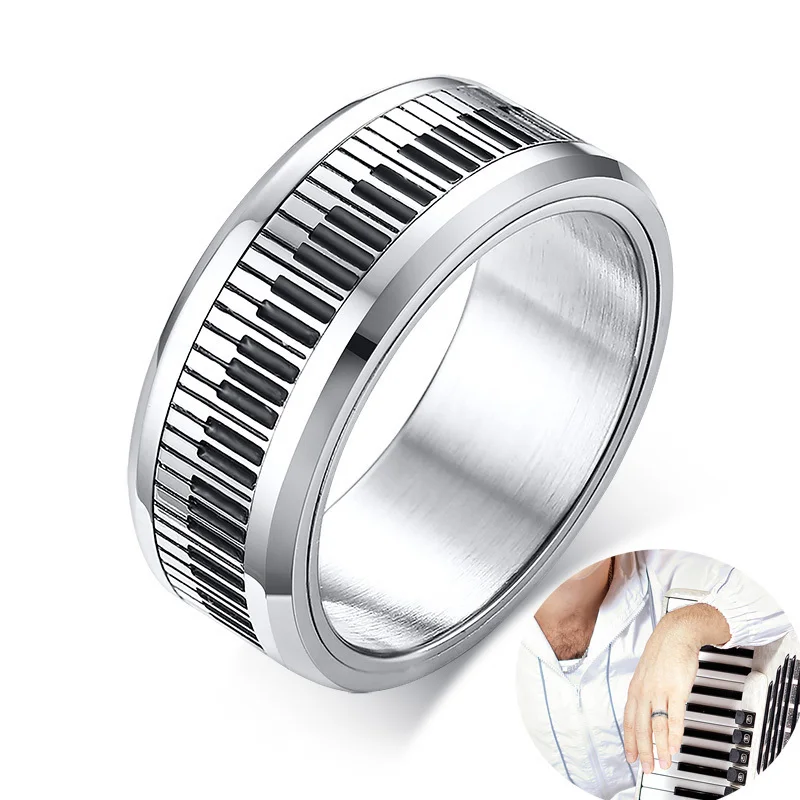 Stylish Men\'s Piano Player Band Spinner Ring in Stainless Steel Music Keyboard Enthusiast Male Jewelry