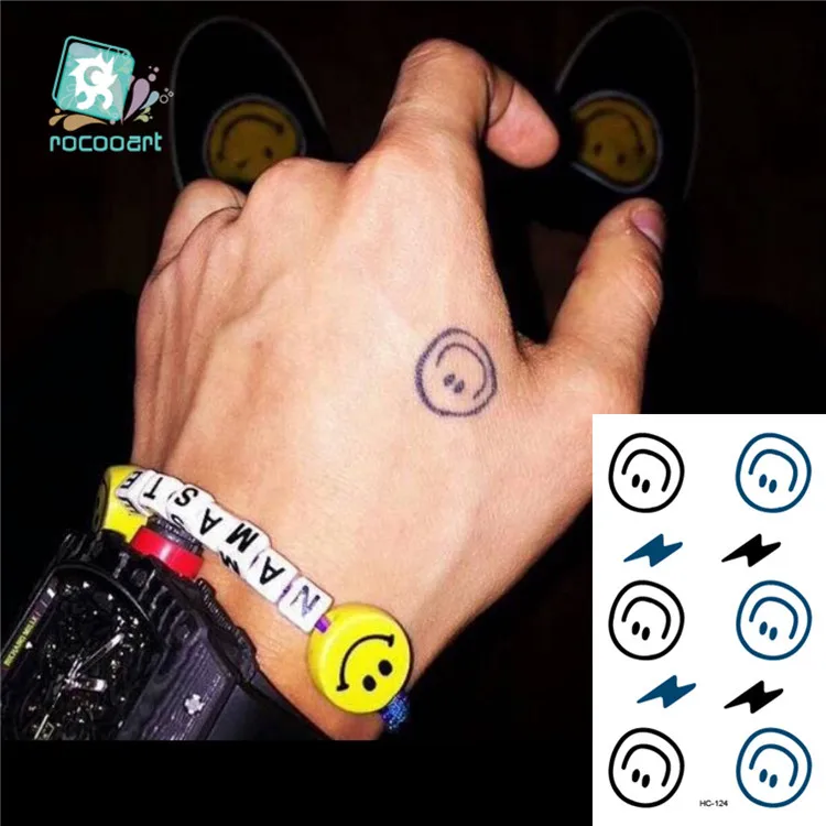 

Small Temporary Tattoo Sticker G-dragon Same Black Smiling face Cat Star Pattern Water Transfer Body Art Fake Tatoo Women