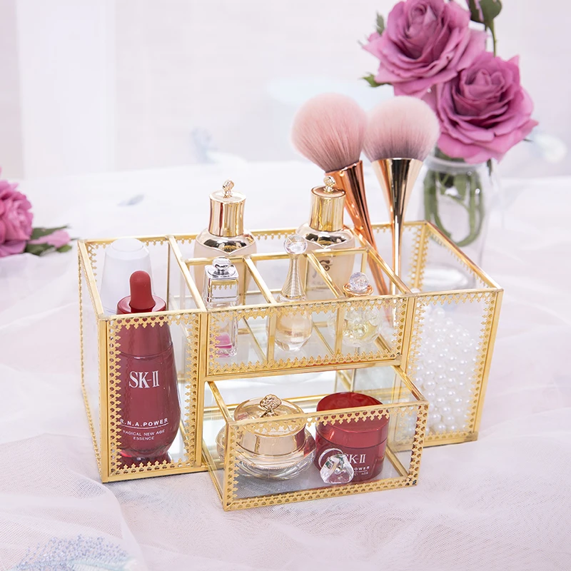 European Net Red Nail Beauty Salon Cosmetics Brush Tube Glass Desktop Racks, Skin Care Products Storage Box