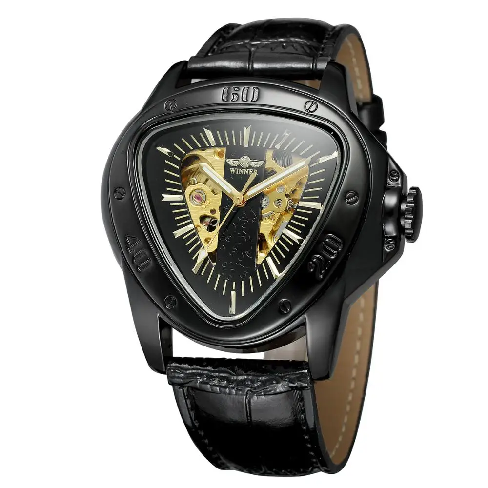 T-WINNER  Fashion creative triangle surface classical all black three-pointer belt men wrist watch