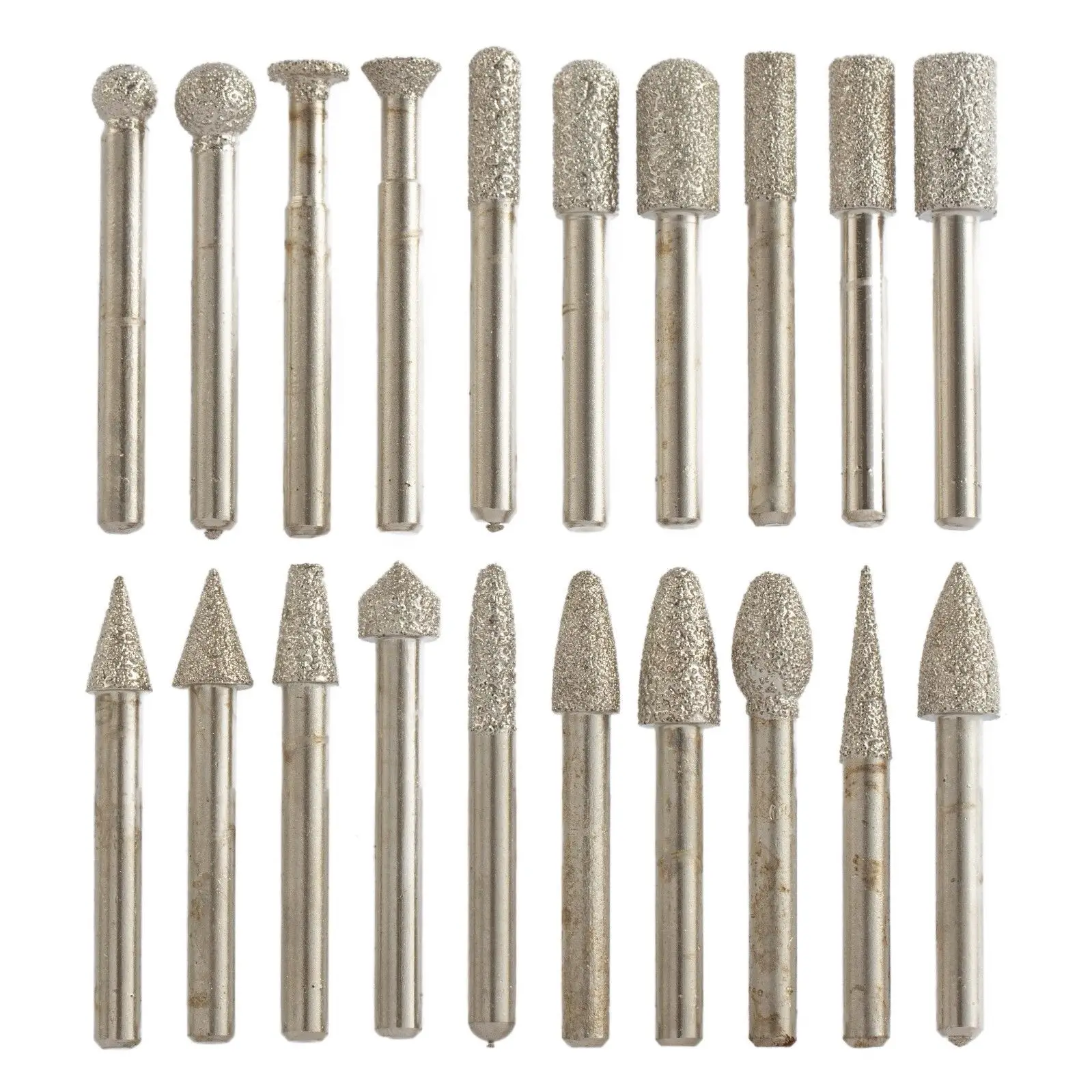 20Pcs Diamond Grinding Head Set BRAZED Rotary Burrs Abrasive Lapidary Carving Tools for Stone Shank 6mm 1/4