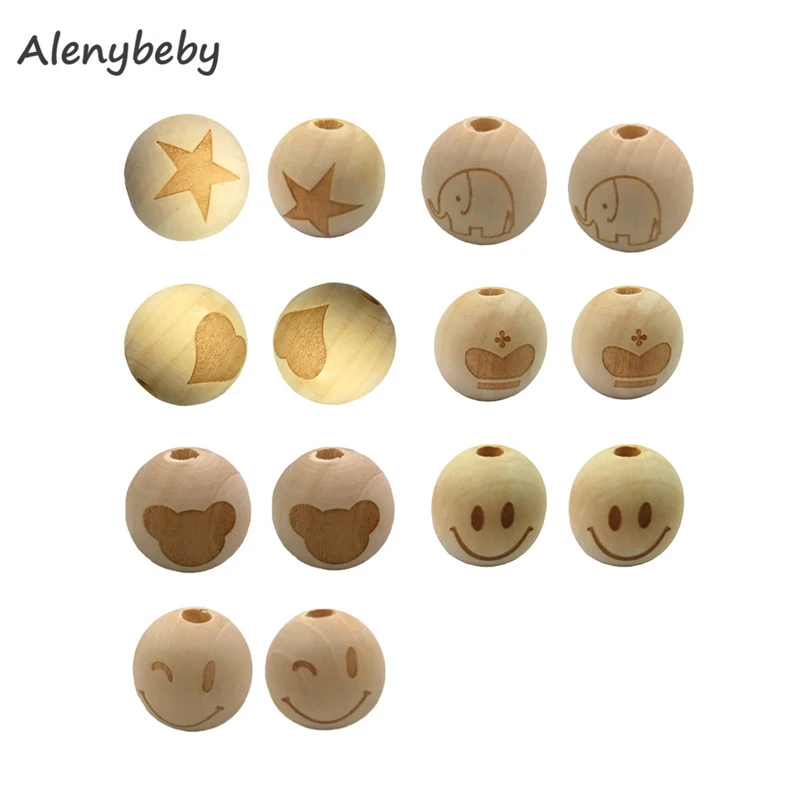 210pc Wooden Beads Teether 20mm DIY Natural Baby Teether Product Eco-Friendly Wood Round Printing Star Balls Beading Nursing Toy