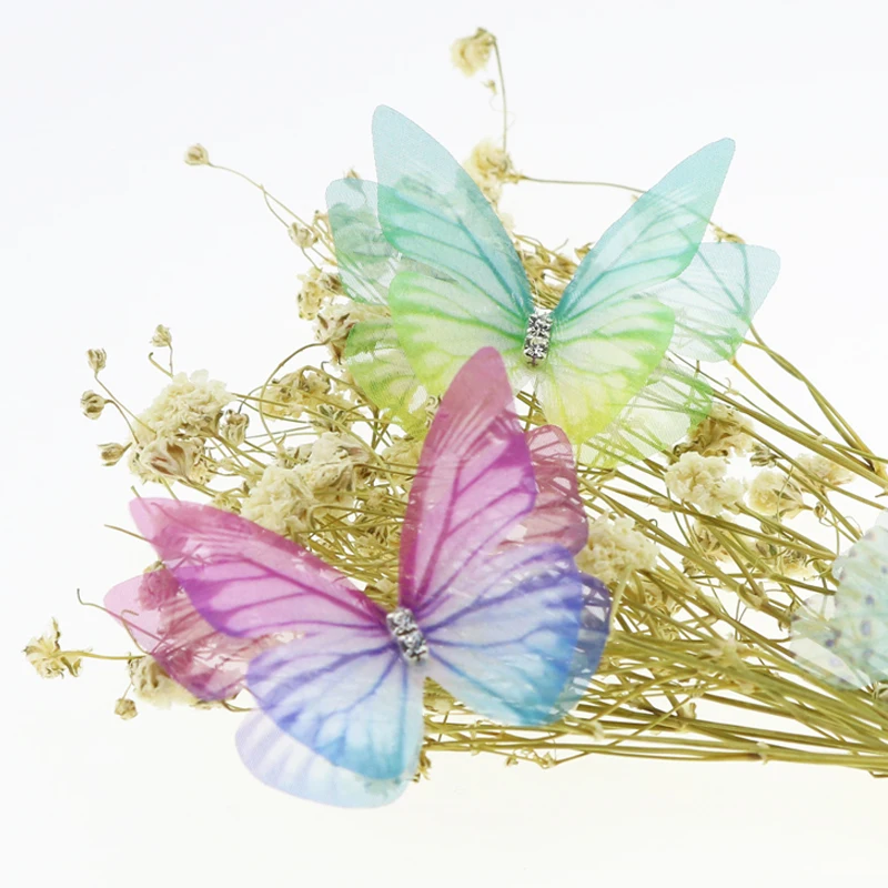 Rhinestones Double Layers Tulle Butterfly For DIY Hair Accessories Hairpin Making Simulation Gauze Butterfly Handmade Ornaments