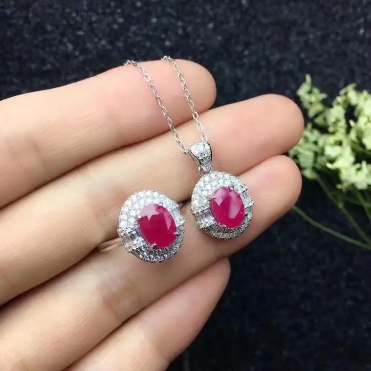 Free Shipping Natural Ruby jewelry set Natural Real Ruby 925 sterling silver 1pc pendant,1pc Ring