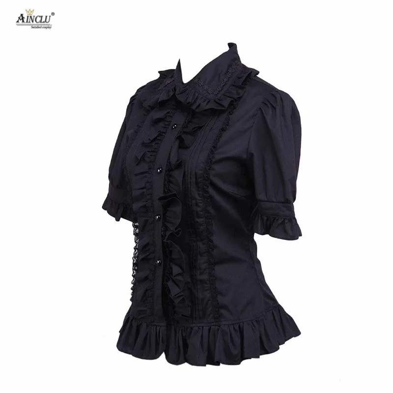 Ainclu Hot Selling Cemavin Womens XS To XXL Cotton Black Ruffle Lolita Blouse for Usually days Party Halloween