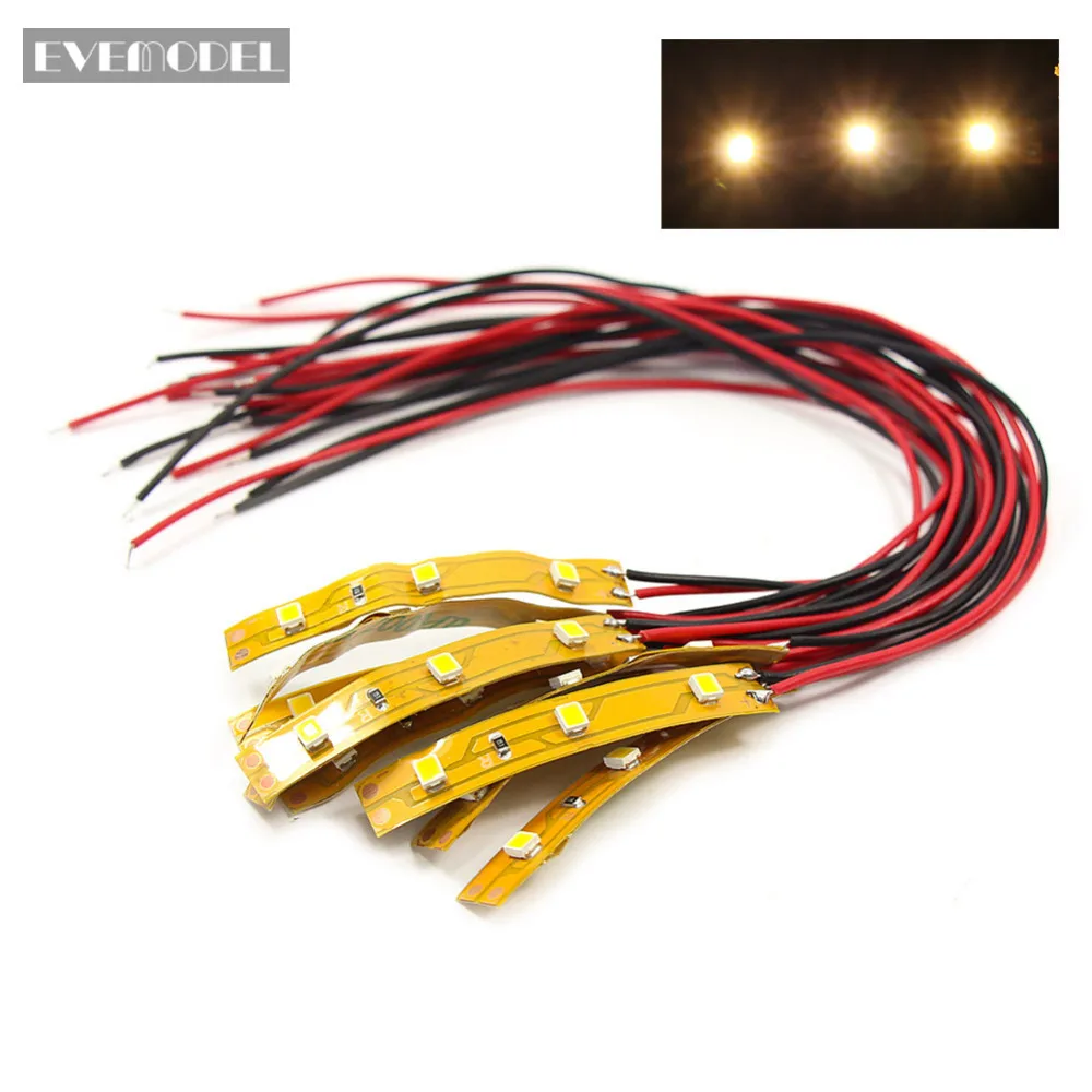 Evemodel 10pcs Pre-wired Warm White Bright White 3-LEDs SMD LED 3528 Light  Strip Self-adhesive 12V 5CM DD03