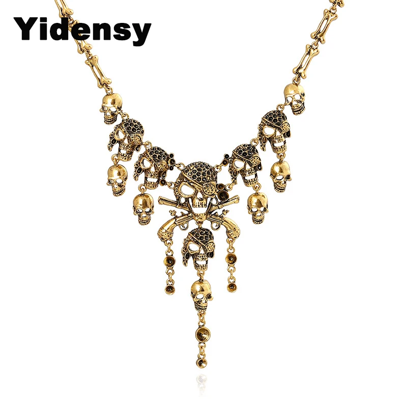 Yidensy Vintage Pirate Skeleton Skull Necklaces Halloween Long Chain Retro Metal Bib Pendants Necklace Punk Statement Jewelry