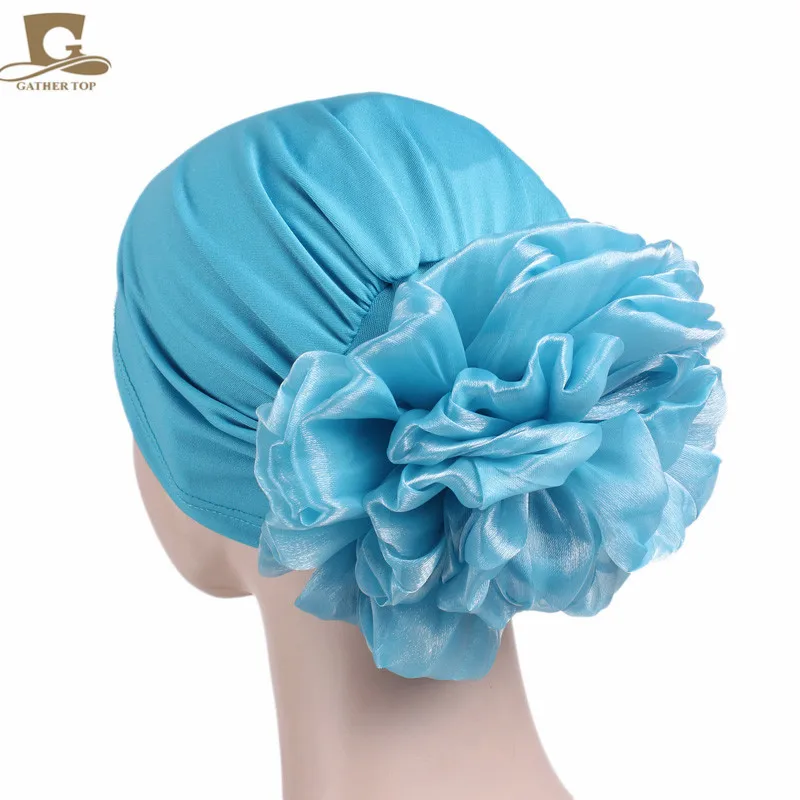 Women\'s Hijabs Big Flower Turban Hair Accessories Elastic Cloth Hair Bands Hat Beanie Ladies Muslim Solid Hair Loss Scarf Cap