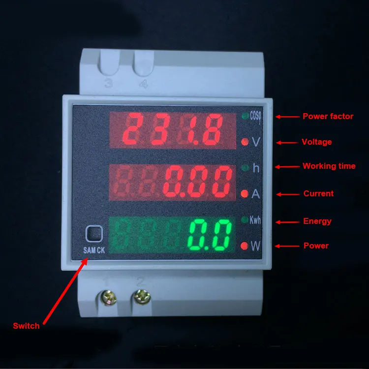 Trilho Din Led Voltímetro Amperímetro Vermelho Azul Display Fator de Potência Ativo Medidor de Energia Tensão Volt Medidor de Corrente D522047 0100.0a