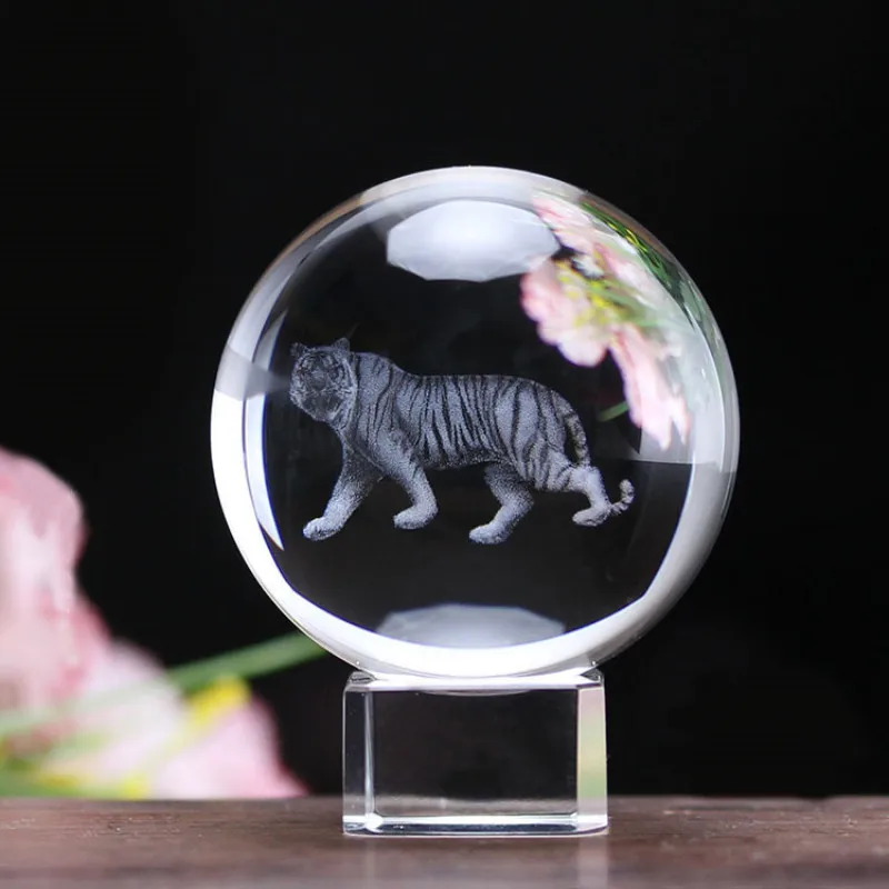 3D Laser Etched Zodiac Tiger Crystal Ball Clear K9 Feng Shui Art Collectible Animal Figurines Glass Ball Home Decor Accessory