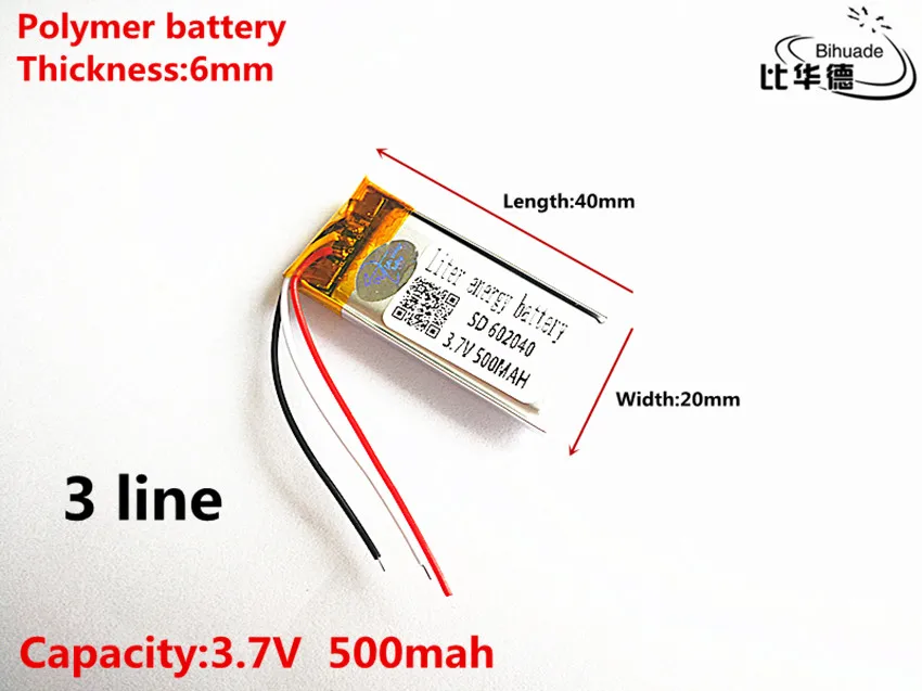 5pcs/lot 3 line Good Qulity 3.7V,500mAH,602040 Polymer lithium ion / Li-ion battery for TOY,POWER BANK,GPS,mp3,mp4