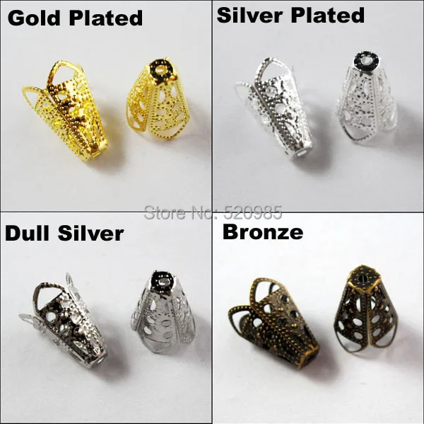 (50Pcs=1Lot ! ) Free Shipping Jewelry Finding 10x16MM Four-leaves Hollow Bugle Bead Cap Gold Silver Bronze Nickel Plated No.BC04