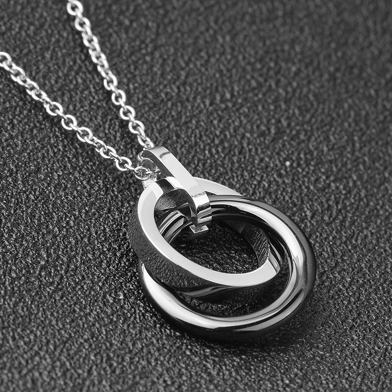 Black White Double Circle Ceramic Necklace Pendant With Stainless Steel Classic Simple Style Pendant Jewelry For Female