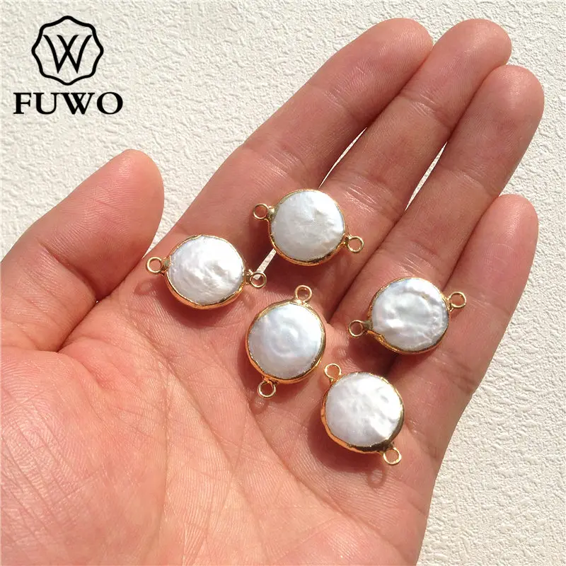 FUWO Wholesale Freshwater Pearl Connector,Golden Plated High Quality Shell Pendant Accessories For Jewelry Making 5Pcs PD507