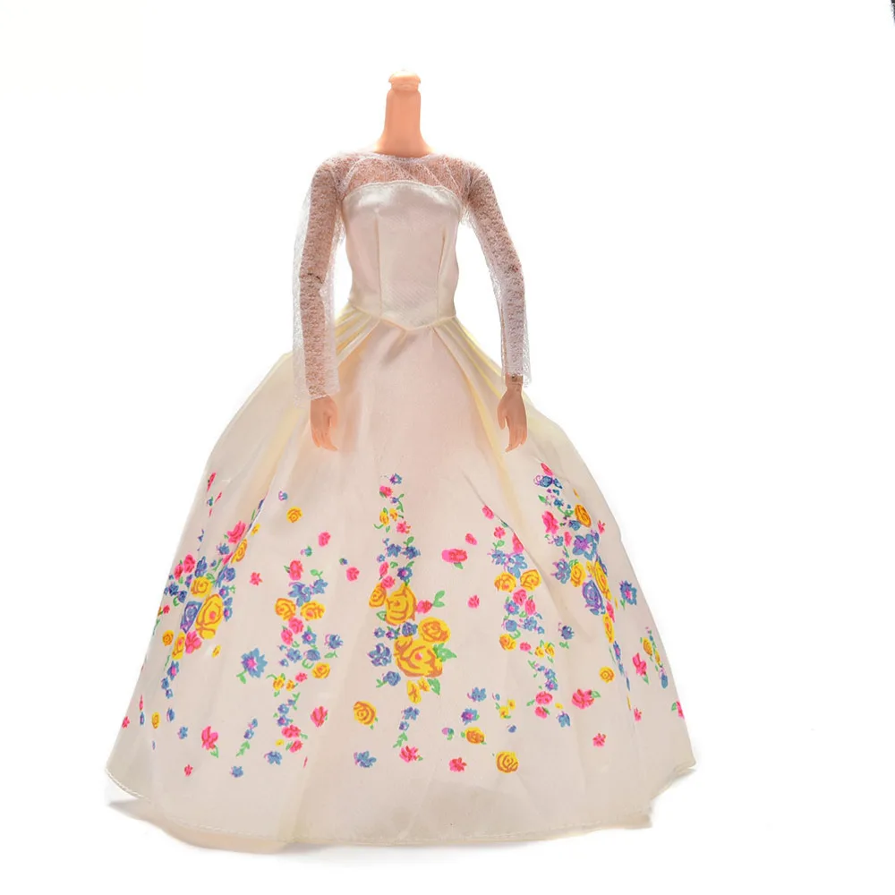 1PCS White Fashion Lace Flower Print Doll dress handmake wedding Dress Clothing Gown For   doll Clothes