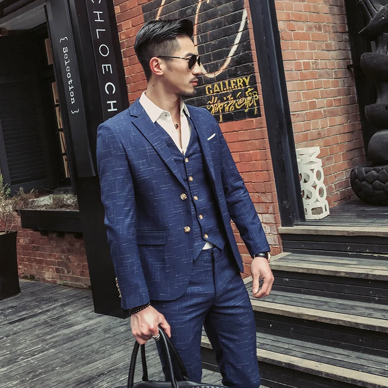 Men's Fashion Boutique Lattice Groom Business Wedding Dress Suits For Men Terno Masculino 3 Pieces Men Suit(Jackets+Vests+Pants)