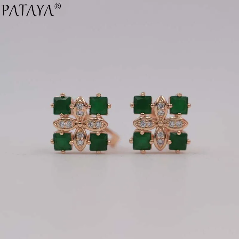 PATAYA New Arrivals Women Square Luxury 585 Rose Gold Color Blue Natural Zircon  Earrings Wedding Jewelry Bridal Party Earrings
