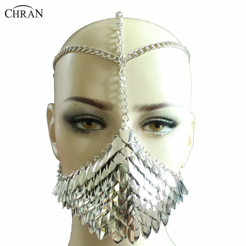 Chran Silver Scale Mask Chain Halloween Face Jewelry Halloween Carnival Head Chain for Women