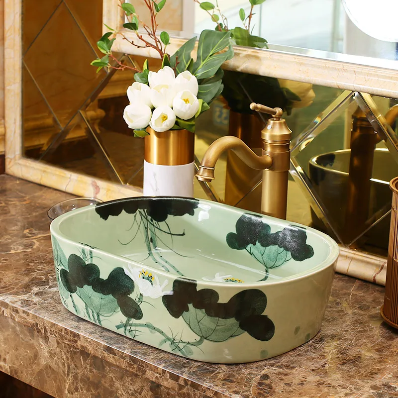 Chinese Style Ceramic Art Basin Sinks Counter Top Wash Basin Bathroom Sinks vanities a wash basin shampoo lotus pattern oval