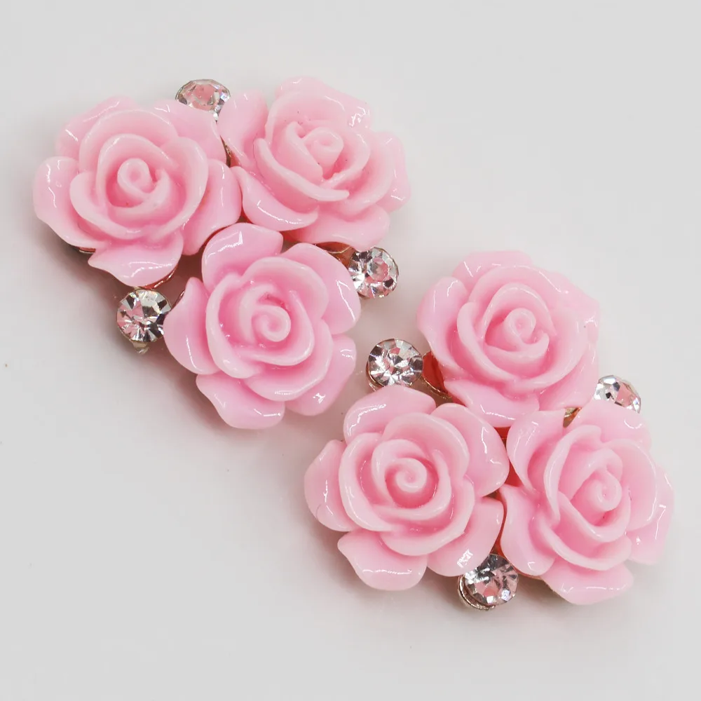 Resin Rose Flowers Button Oval Pink Golden Metal Wedding Bride Holding Flowers, Decorative Hair Accessories, Scrapbooking, 28mm