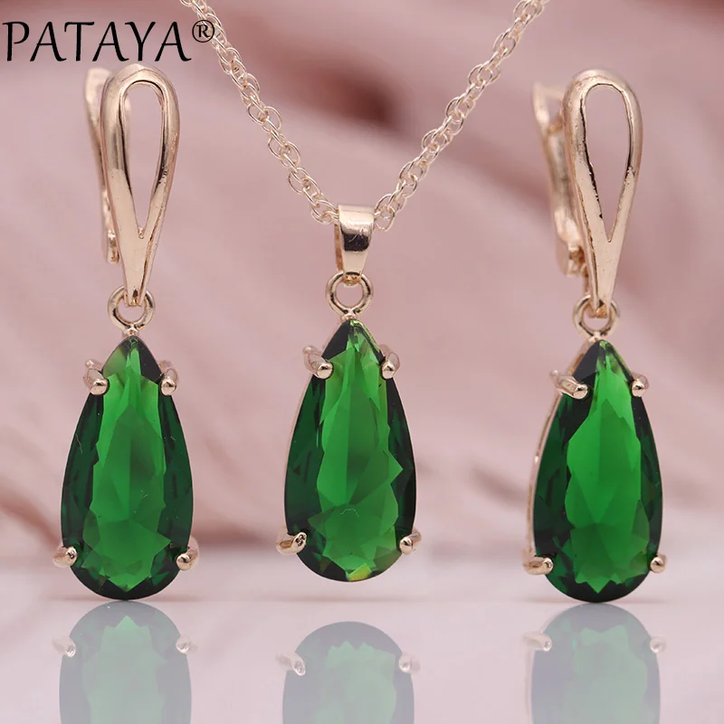 PATAYA New Blue Water Drop Earrings Pendants Necklaces Sets 585 Rose Gold Color Natural Zircon For Women Fashion Jewelry Set