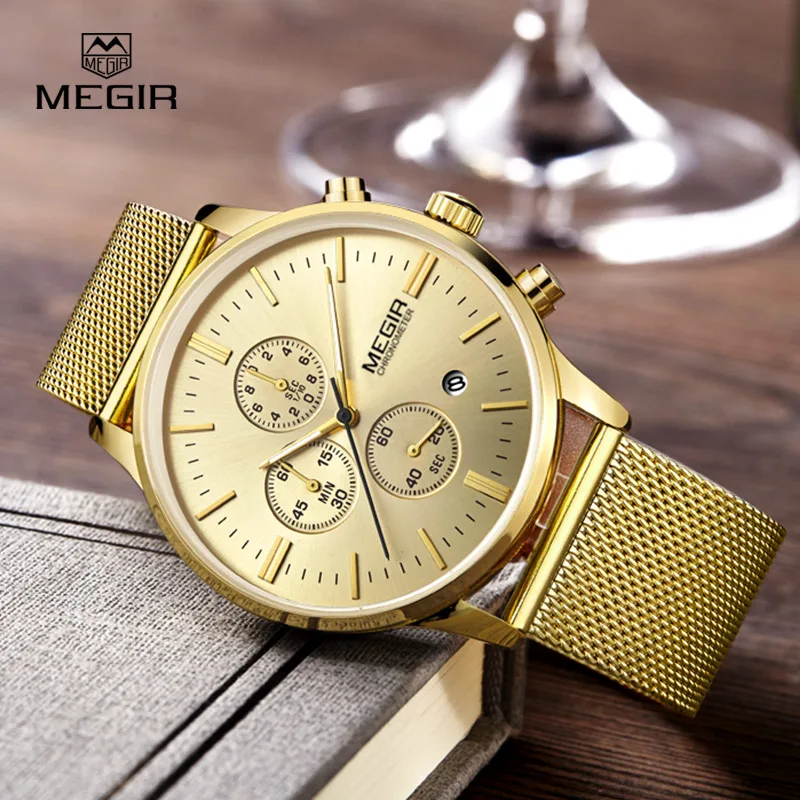 MEGIR fashion men\'s business quartz watches casual stainless steel mesh band wristwatch man luminous dress watch for male 2011G