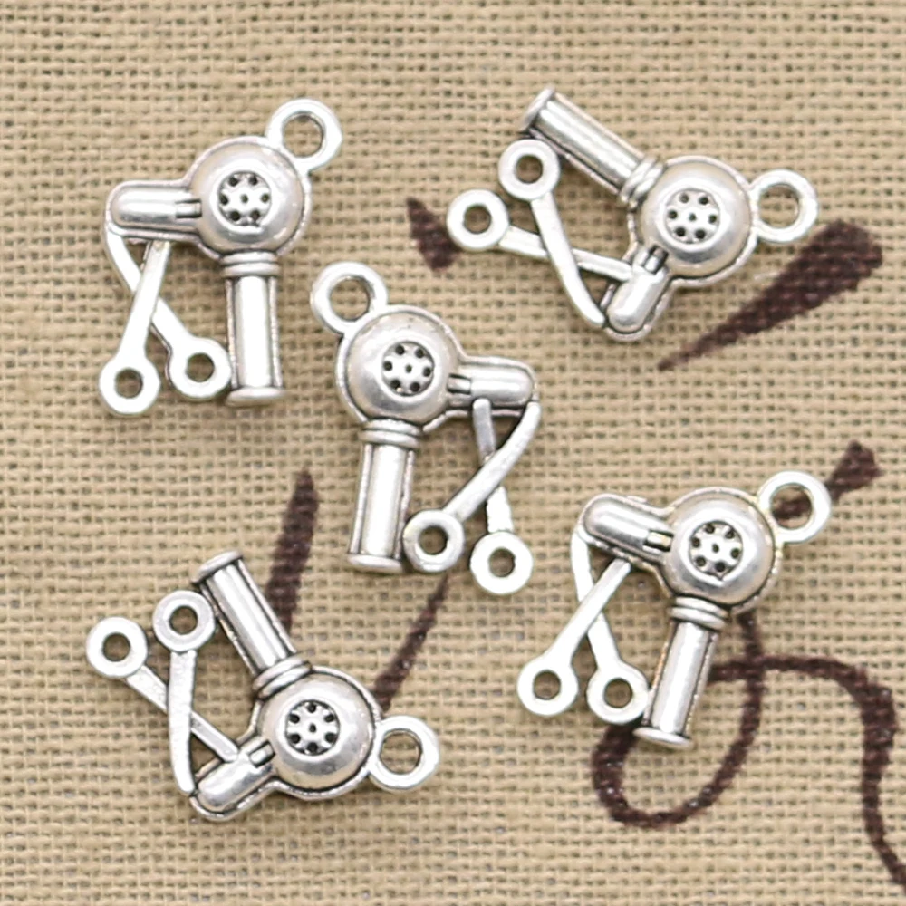 20pcs Charms Barbershop Hair Dryer Scissors 15x12mm Antique Silver Color Pendants Making DIY Handmade TibetanJewelry