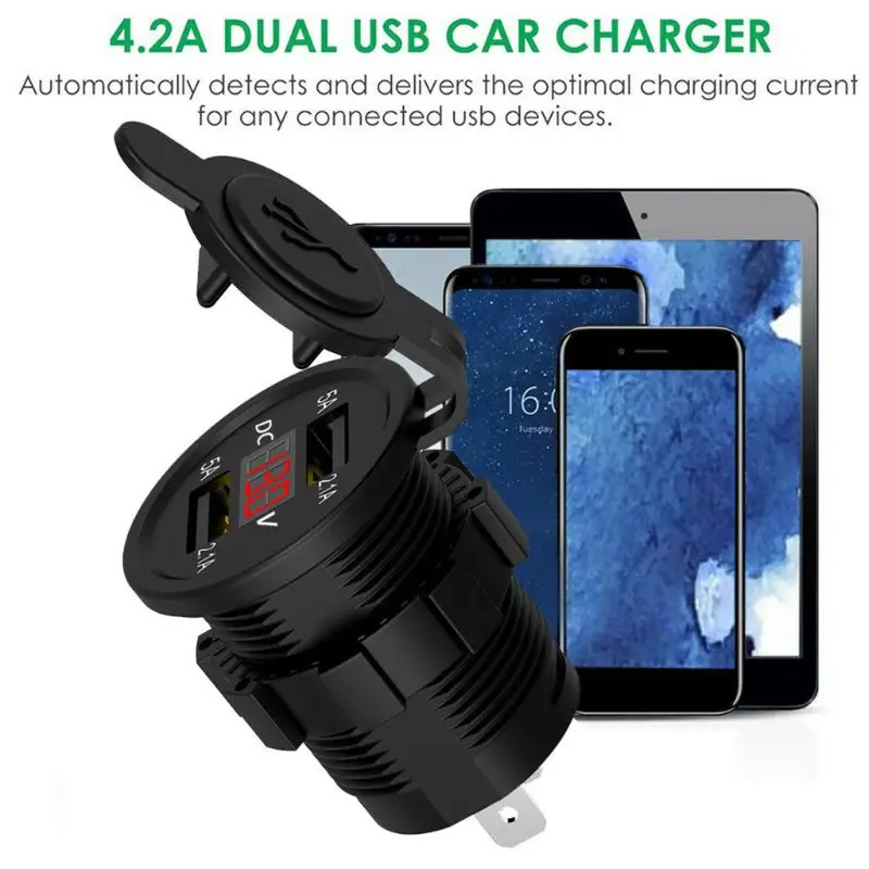 Adaptador de toma de corriente con pantalla de voltaje para coche, Cargador USB de 5V, 2.1A, resistente al agua, doble puerto, voltímetro, 12-24V