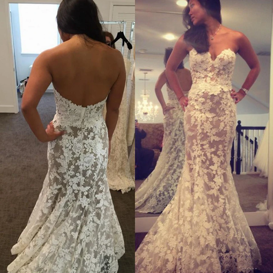 Neue Elegante Schatz Volle Spitze Meerjungfrau Hochzeit Kleider 2021 Backless Open Back Ärmellose Garten Sweep Zug Brautkleid