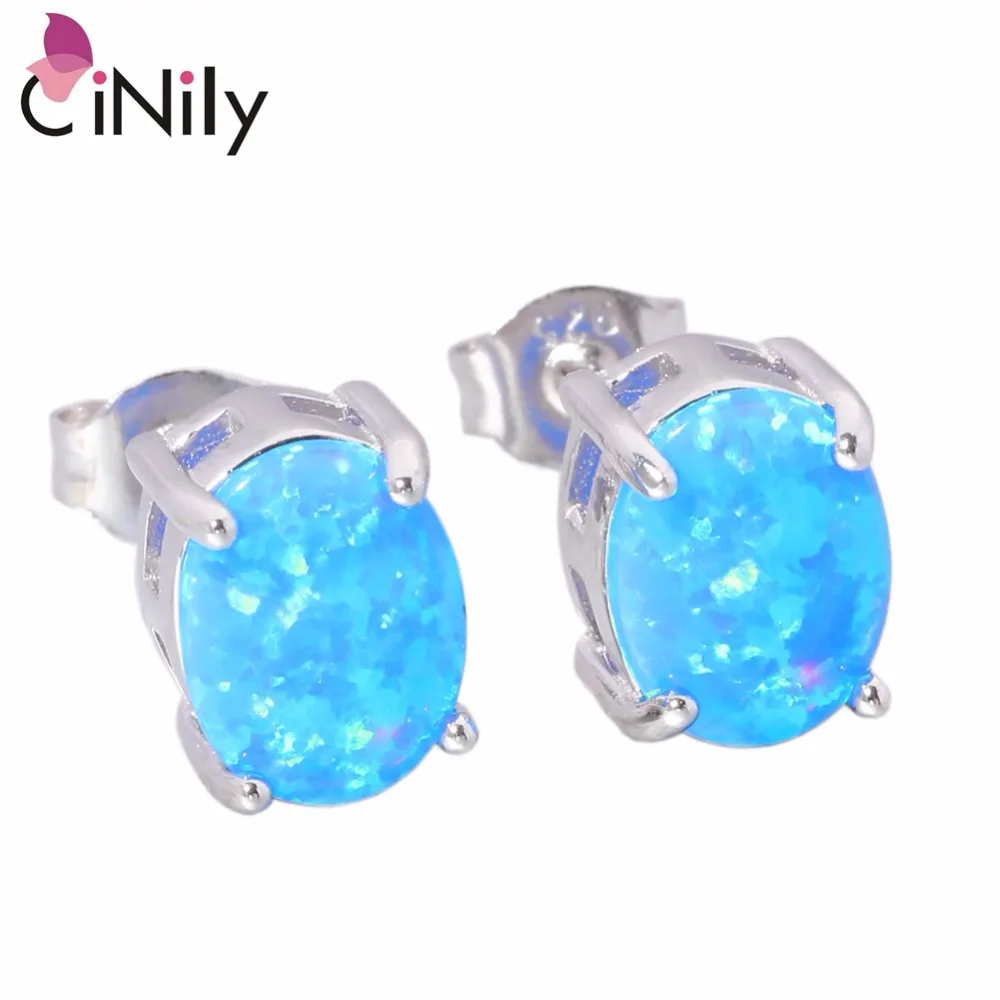 CiNily Blue & White Fire Opal Stone Stud Earrings 925 Sterling Silver Authentic Pure Silver Oval Round Earring Gifts Women Girls