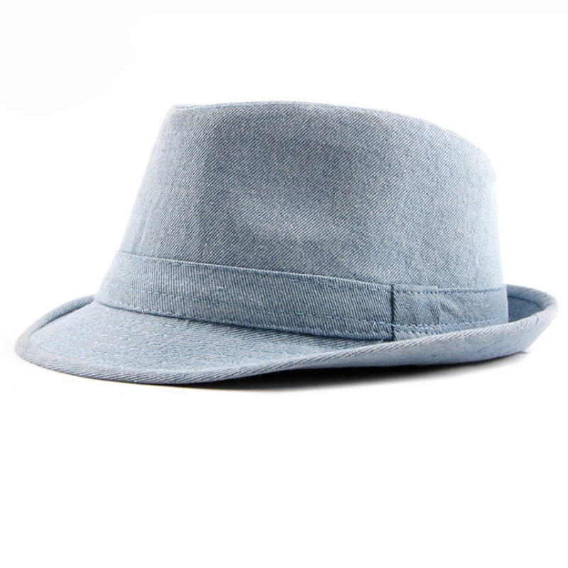 HT1749 2018 New Spring Summer Hat Cotton Denim Jazz Cap Men Women Classic Panama Cap Derby Bowler Fedora Hat Solid Plain Fedoras