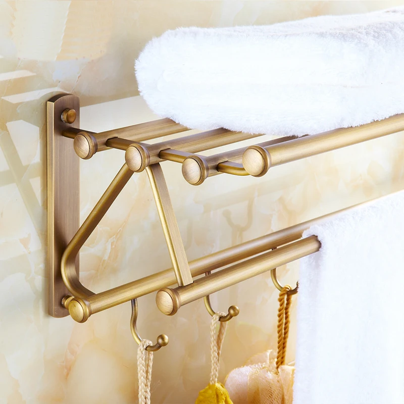 2 Types 55cm Brass brushed wall bathroom shelves, Fasion towel rack shelf with hooks wall mounted, Copper dual tier towel rack