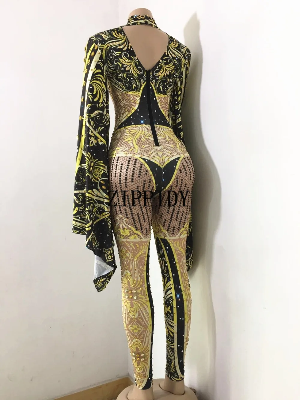 Moda preto amarelo macacão roupa feminina celebrar strass traje feminino cantora mangas grandes bodysuit desempenho wear