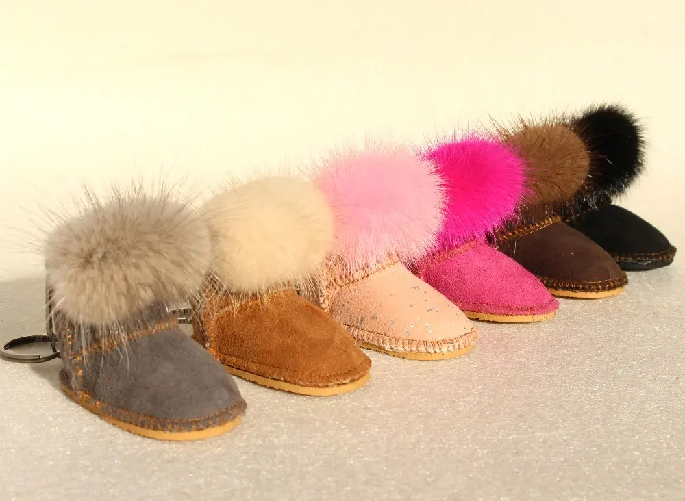 Luxury Fluffy Pompom Genuine Mink Fur Real Leather Boot Shoe Keychain For Women Car Key Chain Bagpack Charm Accessories Pendant