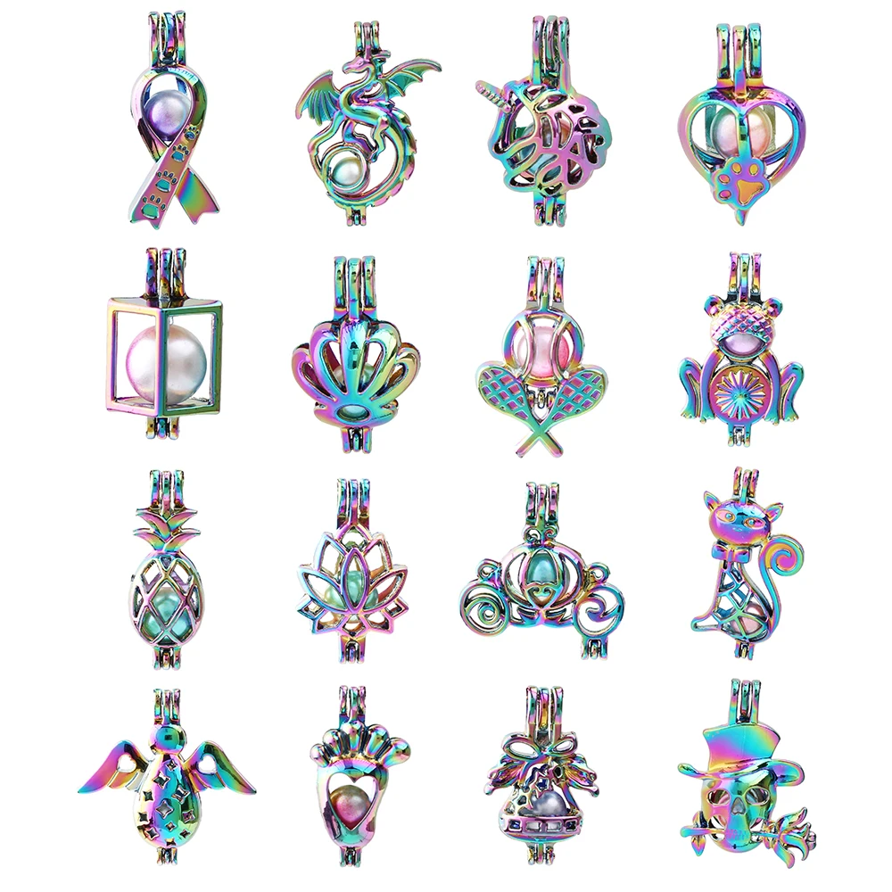 1pc Rainbow Color Dragon Ribbon Paw Unicorn Carriage Shell Pearl Cage Pendant Essential Oil Diffuser Locket for Oyster Pearls