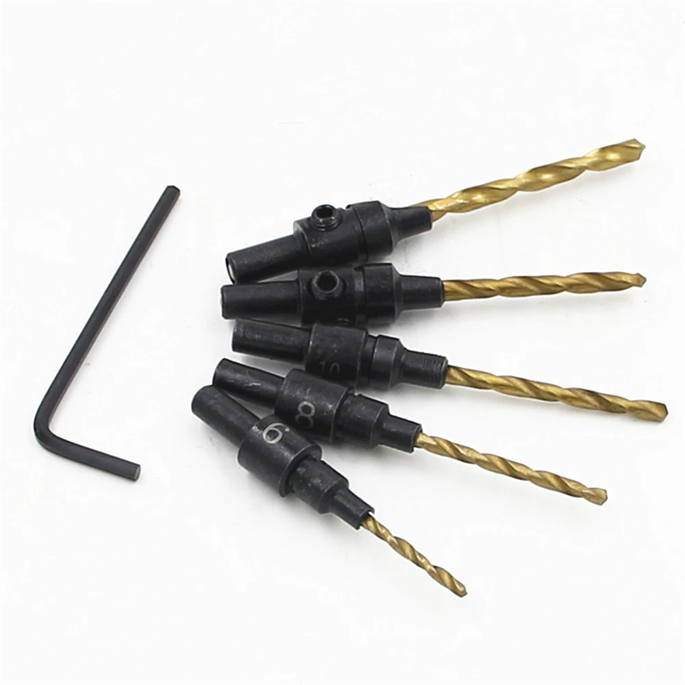 

5pcs HSS Round Shank Titanium Countersunk Drill Bits Tapper Tool woodworking Wood Pilot Hole Size #6 #8 #10 #12#14 1 Wrench