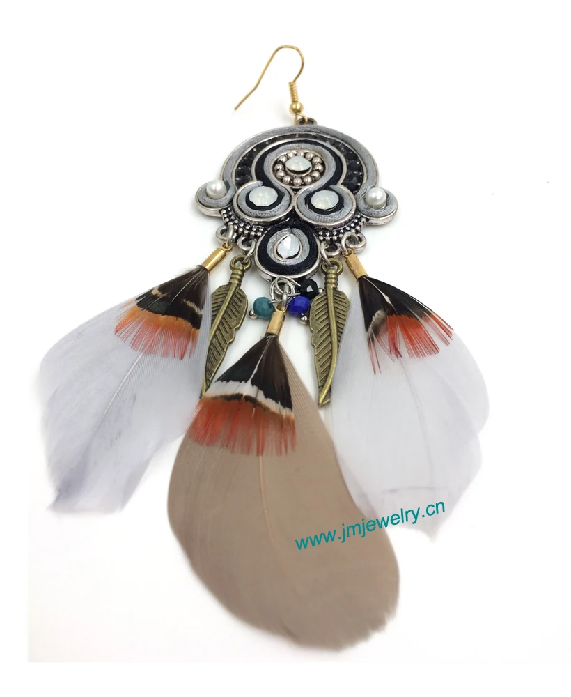 wholesale handmade Ethnic jewellery vintage dangle feather earrings with tassel summer style nickel free earrings